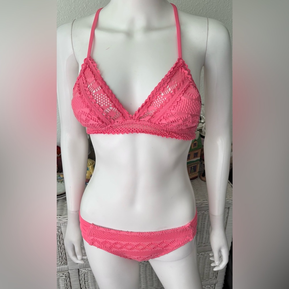 Becca Eyelet String Bikini 2 Piece Swim Suit in Coral Pink color Size Small